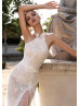 Halter Beaded Ivory Lace Tulle Slit Wedding Dress
